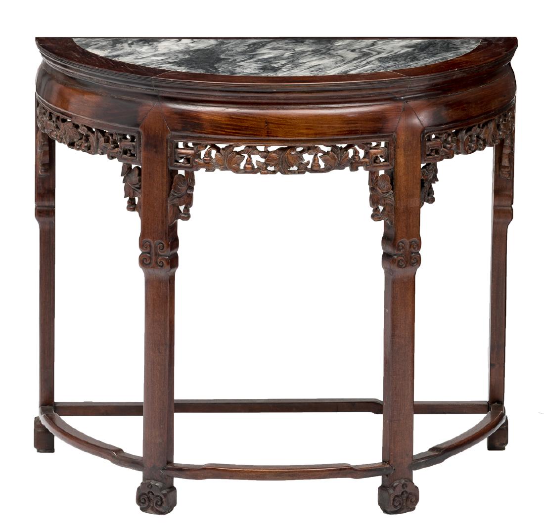 A Chinese demi-lune carved hardwood table with marble (1 of 7)
