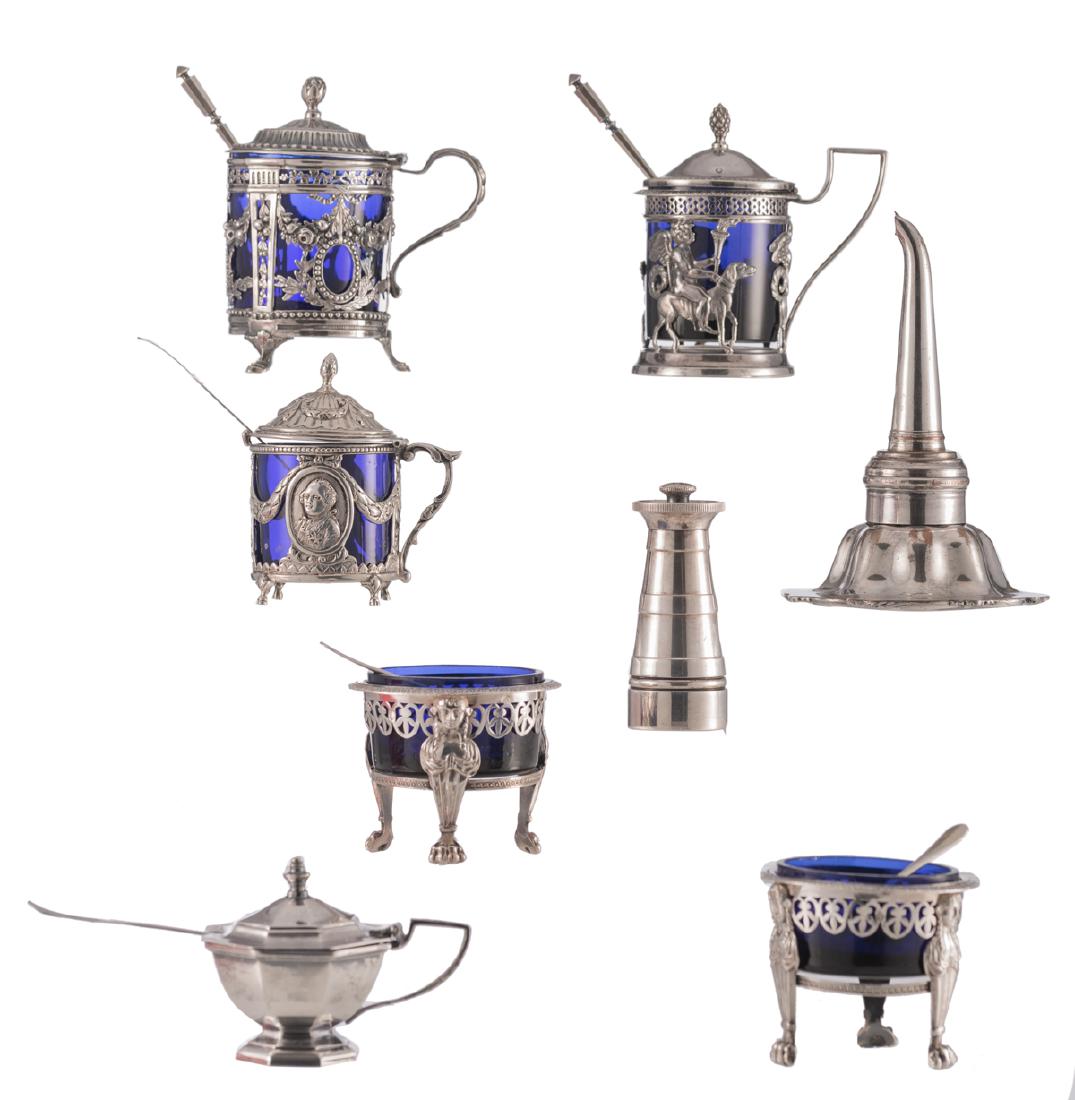 A lot of various silver tableware, added a silver: A lot of various silver tableware, added a silver plated wine funnel and a ditto pepper mill, all items 18th / later 19th / early 20thC, total weight silver 525 g
