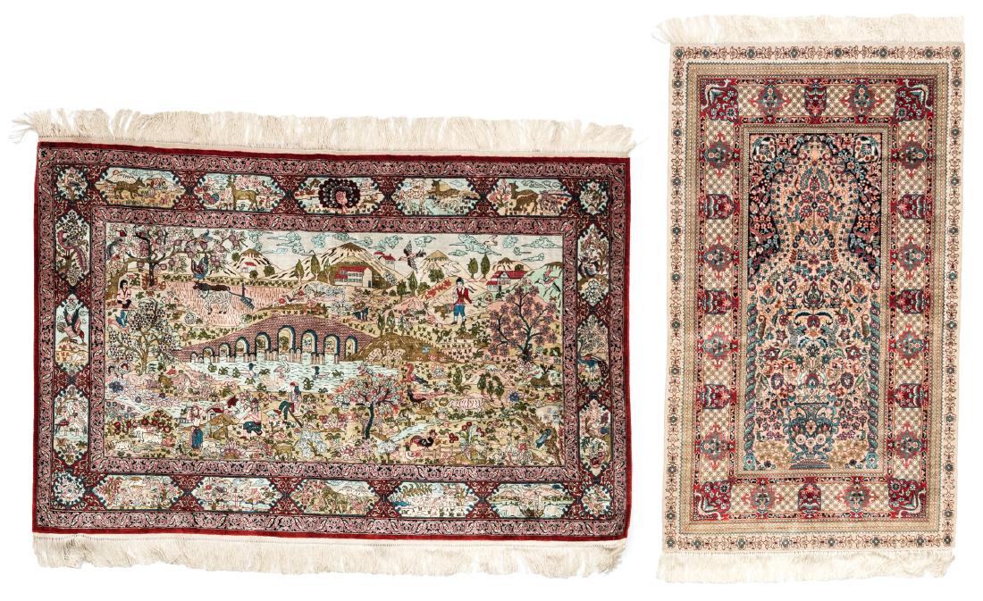 An Oriental silk carpet, decorated with figures in a (1 of 4)