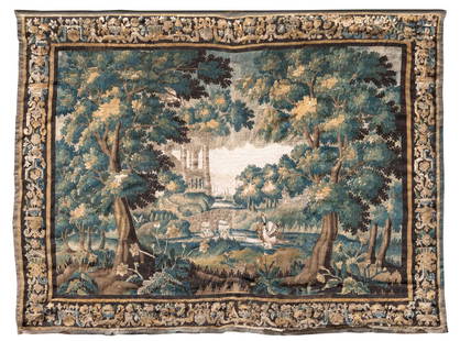 A Flemish 17thC verdure tapestry depicting ducks in a: A Flemish 17thC verdure tapestry depicting ducks in a landscape, 266 x 364 cm