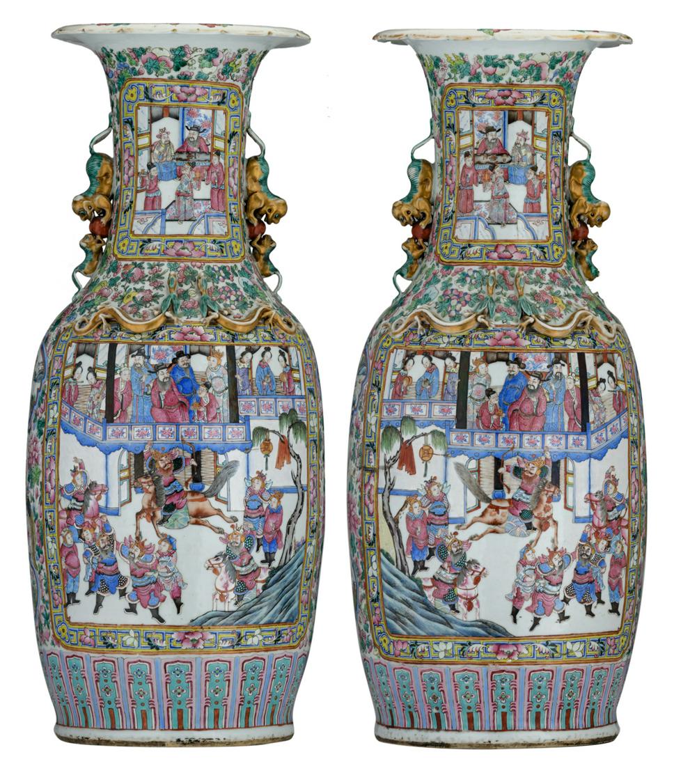 A pair of large Chinese famille rose vases, decorated (1 of 13)