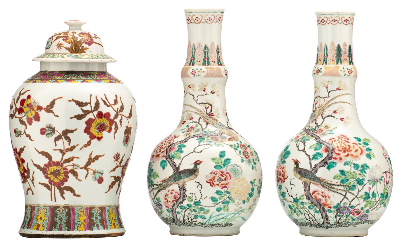 A pair of Chinese famille rose bottle vases, decorated (1 of 6)