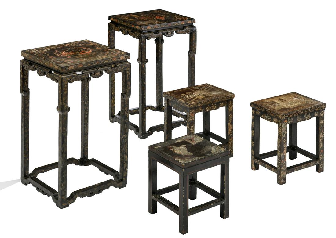 A lot of three Chinese carved and lacquered stools, (1 of 13)