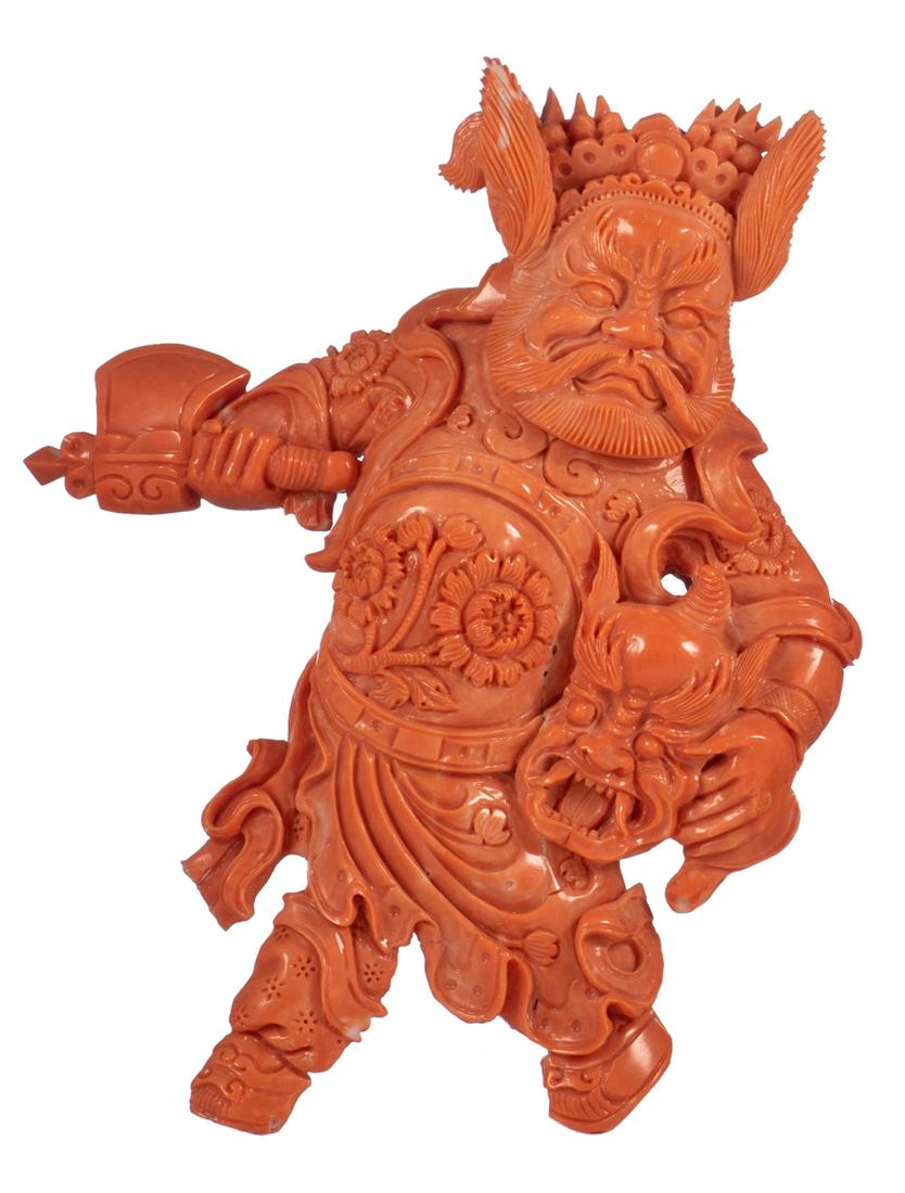 A fine red coral sculpture depicting Zhang Fei, H 17,5 (1 of 2)