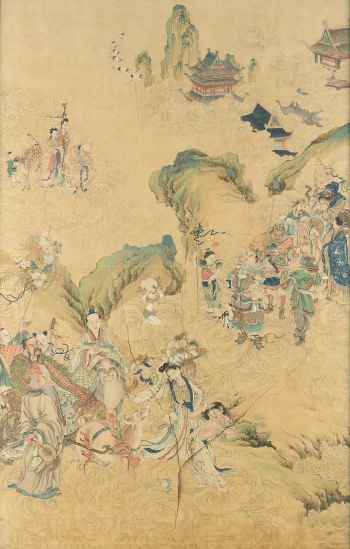 A Chinese 19thC watercolour on silk depicting the: A Chinese 19thC watercolour on silk depicting the Chinese pandemonium, H 127 - W 80,5 cm