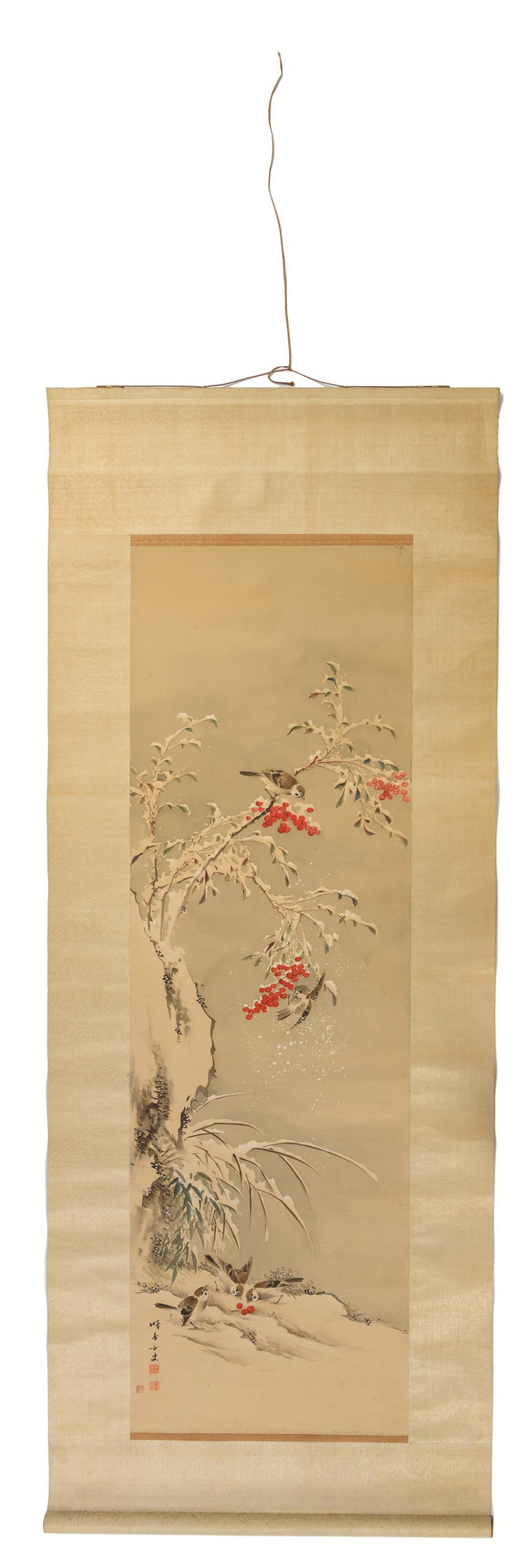 A Chinese scroll, 'Sparrows in the snow', signed and (1 of 5)