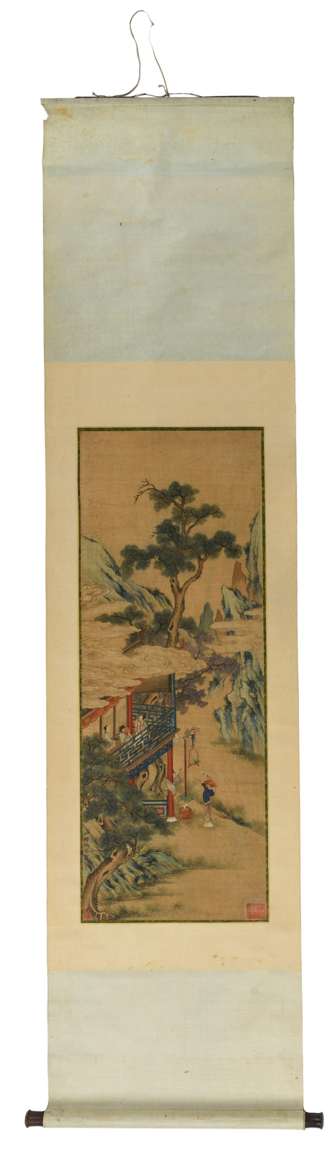A Chinese scroll depicting ladies on a balcony, signed (1 of 5)