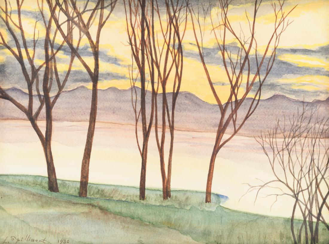 Spilliaert L. trees near a river in a hilly landscape,: Spilliaert L. trees near a river in a hilly landscape, watercolour, signed and dated 1930 bottom left, 23,4 x 32 cm Was viewed and approved by Mrs. Anne ADRIAENS - PANNIER (Artistic Director Spilliaer
