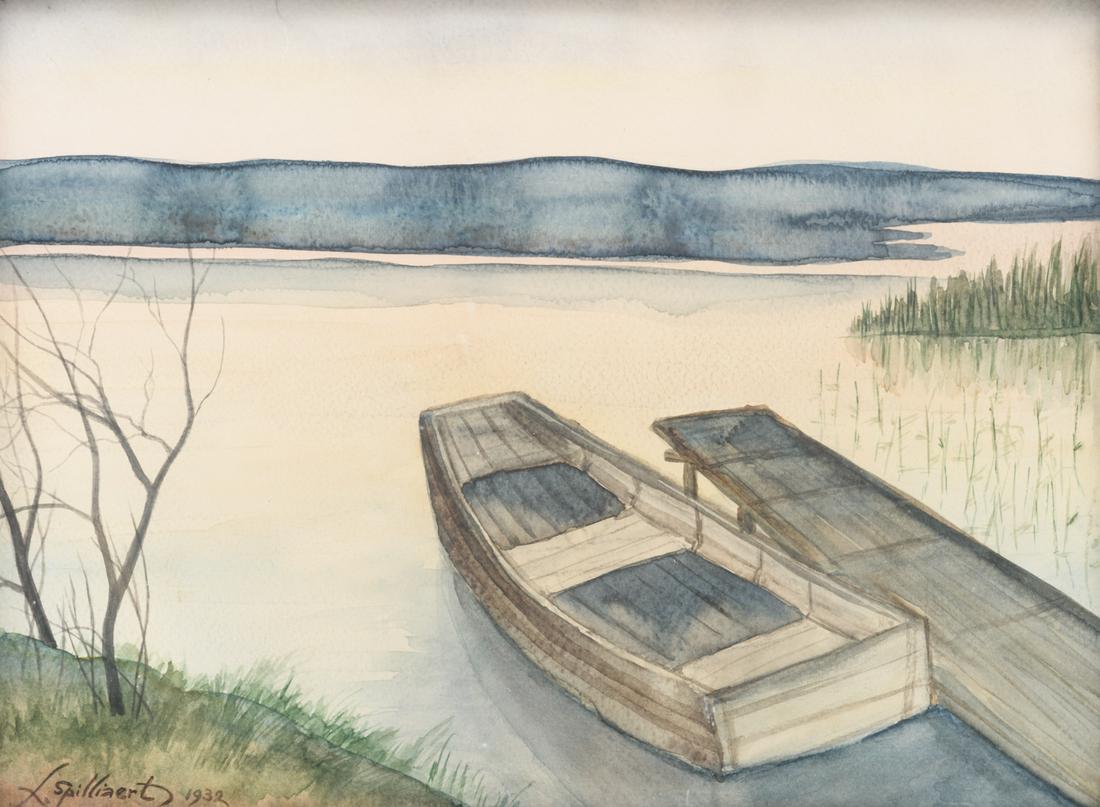 Spilliaert L, a rowing boat moored to a jetty,: Spilliaert L, a rowing boat moored to a jetty, watercolour, signed and dated 1932 bottom left, 23,6 x 31 cm Was viewed and approved by Mrs. Anne ADRIAENS - PANNIER (Artistic Director Spilliaert Huis -