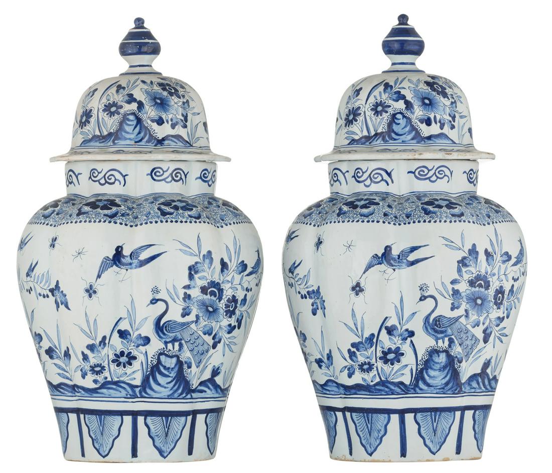 Two blue and white Delftware covered jars, marked 'De (1 of 10)