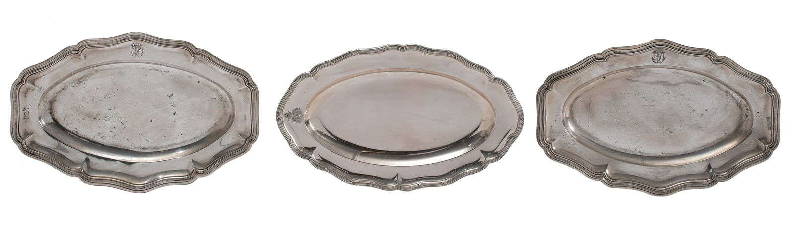 A silver Transition style salver with a coat of arms,: A silver Transition style salver with a coat of arms, Wolfers, 800/1000; added a silver Rococo style tray with initials PD, Verham, Brussels, 800/1000; extra added a silver Rococo style tray with init