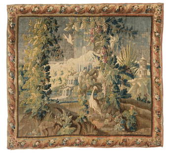 A 17thC Flemish verdure tapestry with exotic birds in a: A 17thC Flemish verdure tapestry with exotic birds in a landscape, 236 x 258 cm