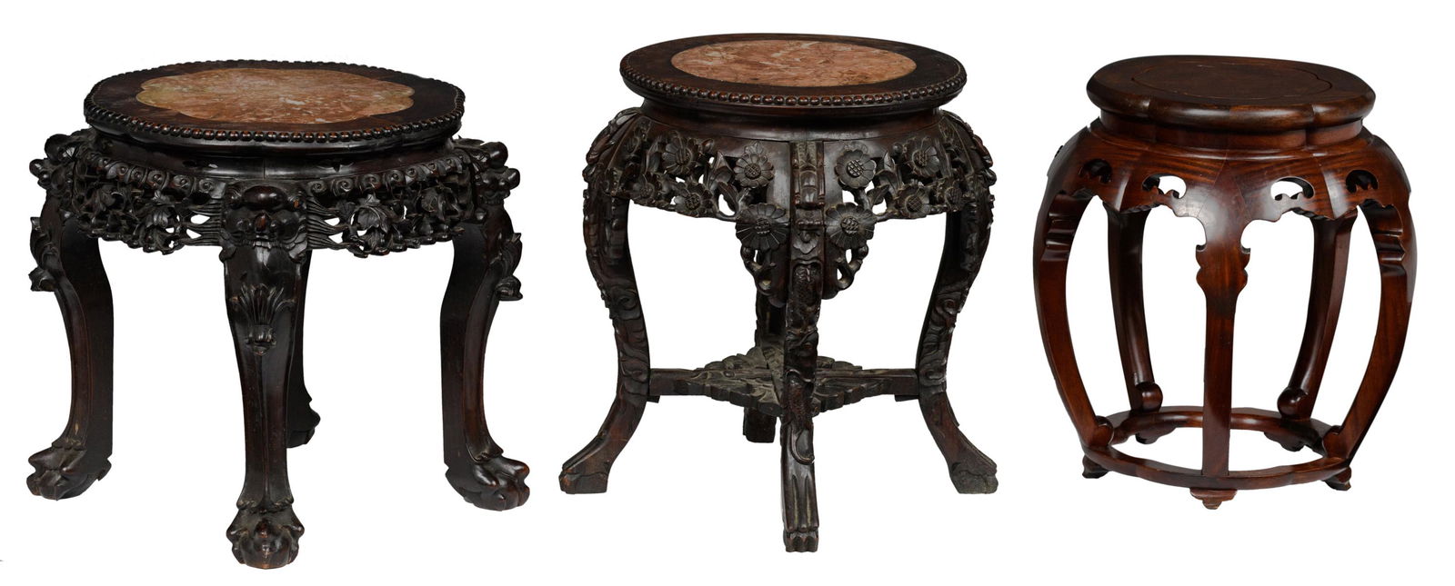 Two Chinese sculpted hardwood bases with a marble top, (1 of 7)