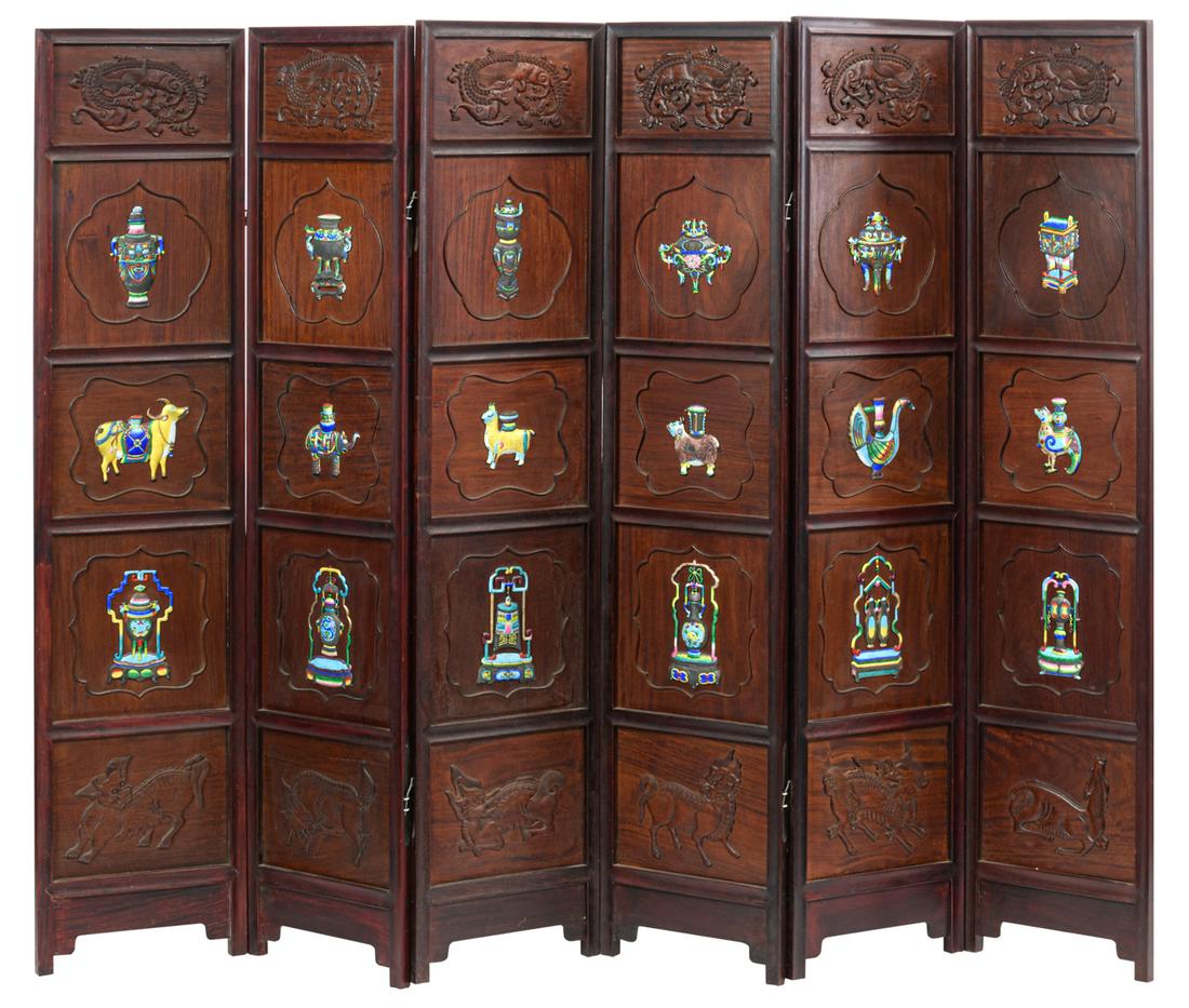 A Chinese six-panel rosewood screen, decorated with (1 of 2)