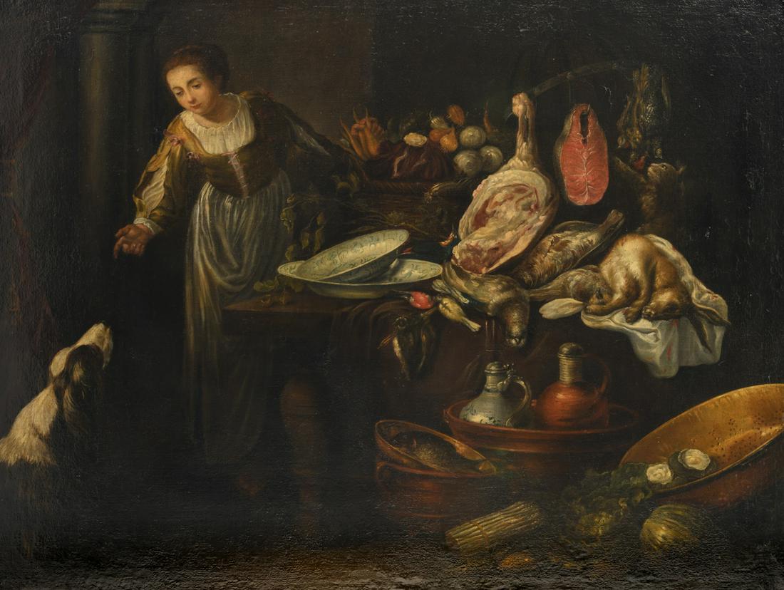 No visible signature (attr. to Jan Fyt), a still life: No visible signature (attr. to Jan Fyt), a still life with maid, cat and dog, 17thC, oil on canvas, 125 x 165 cm