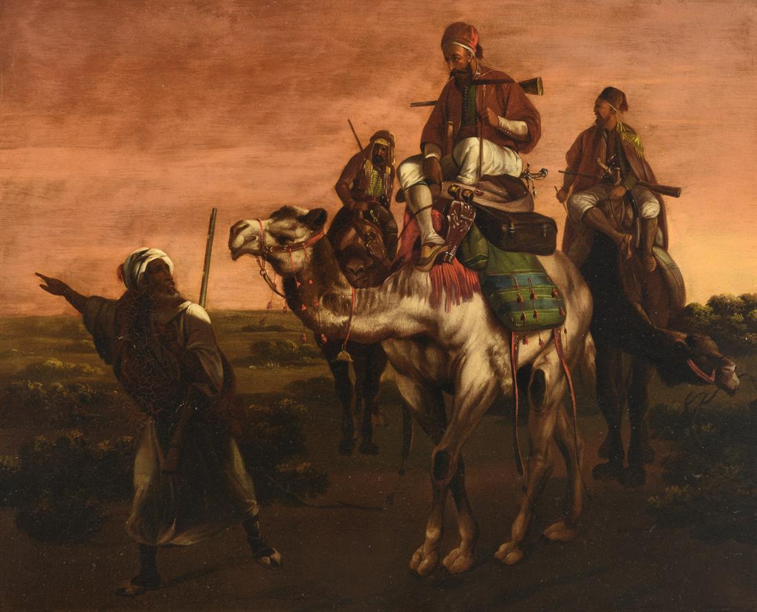No visible signature, 'Oriental warriors with their: No visible signature, 'Oriental warriors with their guide', 19thC, oil on copper, 43 x 53 cm