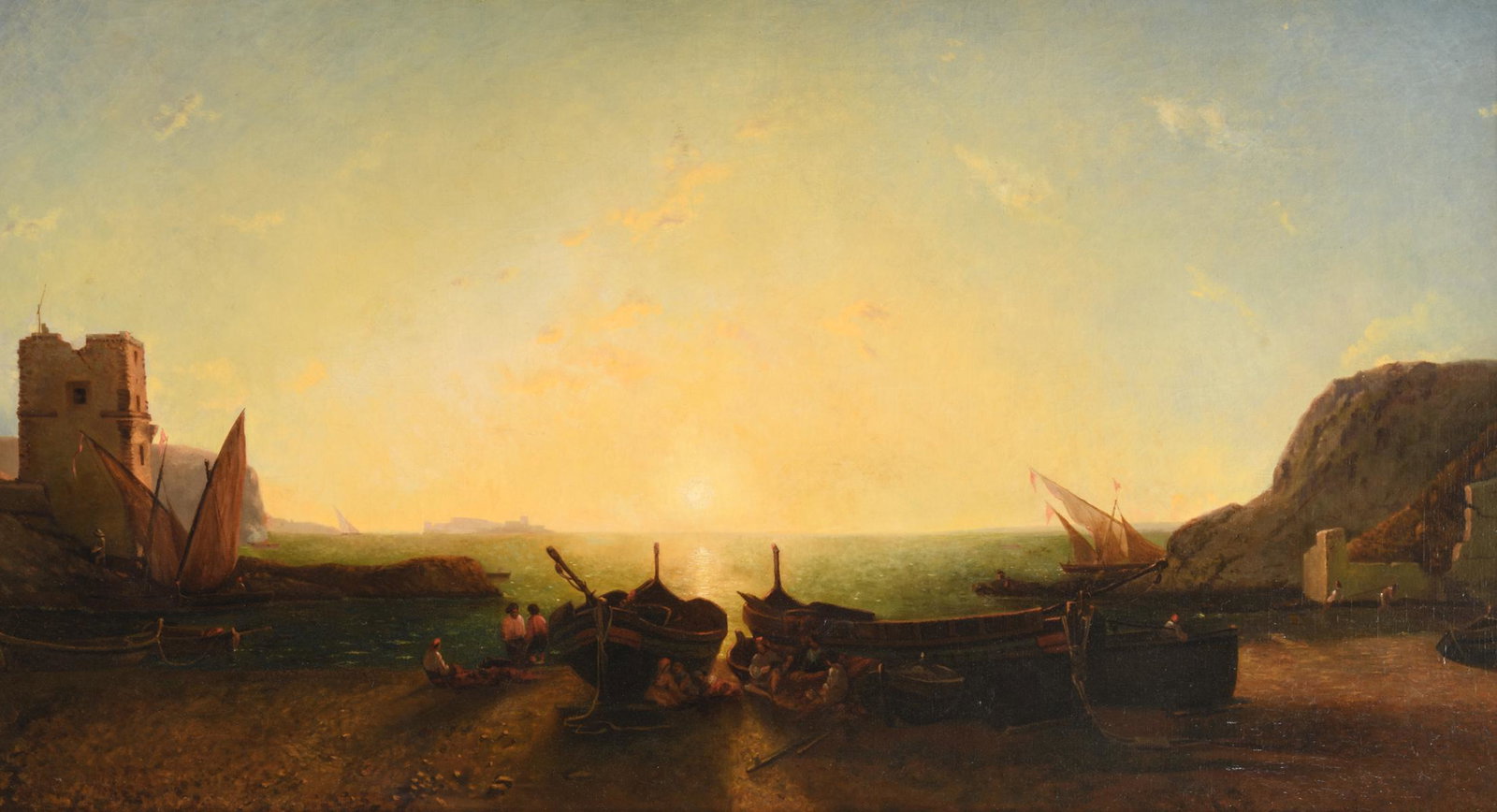 No visible signature, a sunset on the sea at the: No visible signature, a sunset on the sea at the ChÃ¢teau d'If near Marseille, 19thC, oil on canvas, 75 x 152 cm