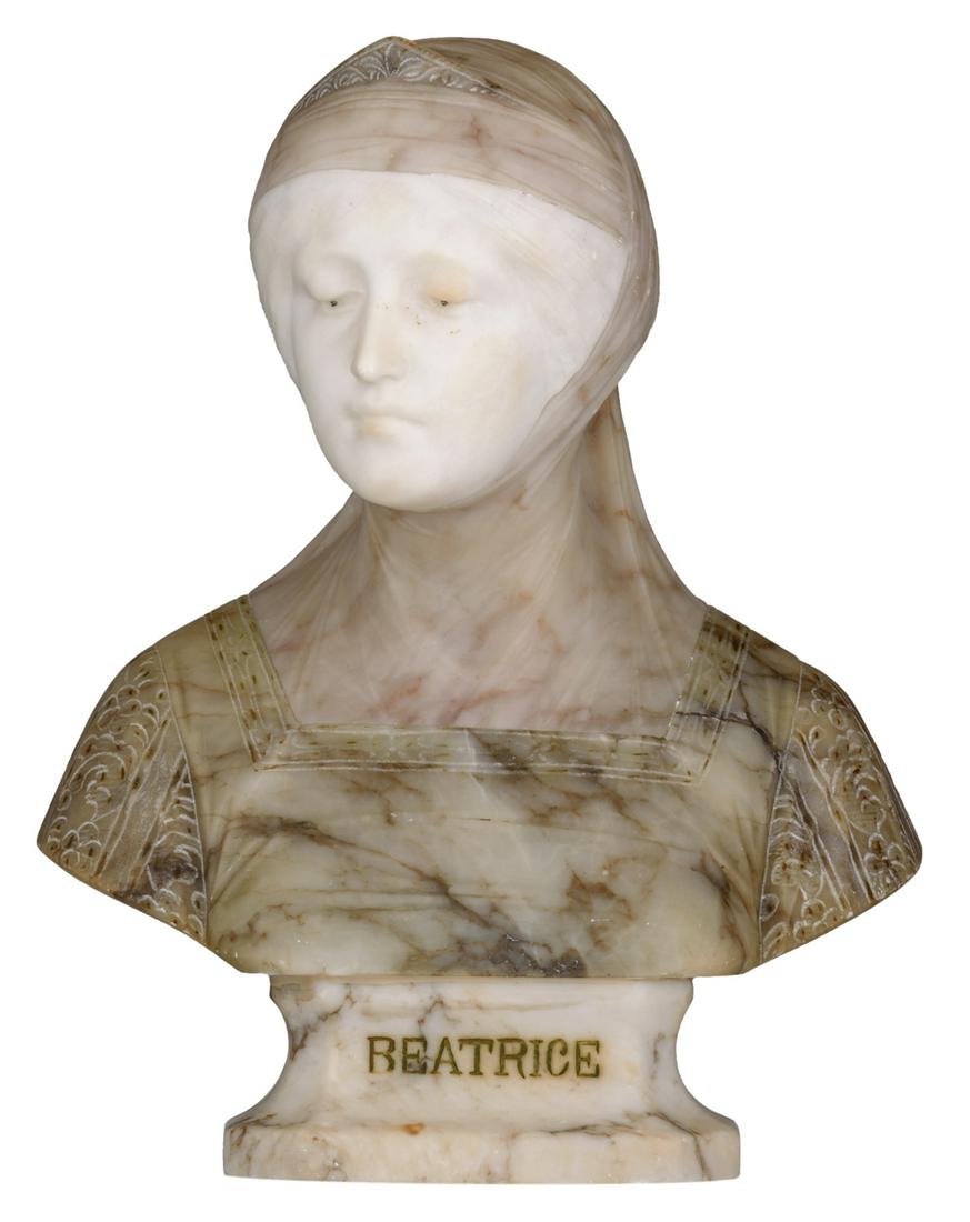 Bessi G., 'Beatrice', an alabaster and marble portrait: Bessi G., 'Beatrice', an alabaster and marble portrait of Dante's beloved, about 1900, with a 1929 dated certificate by the seller, H 35 cmÂ Â