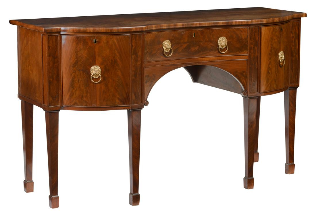 An English mahogany veneered sideboard with wavy front, (1 of 8)