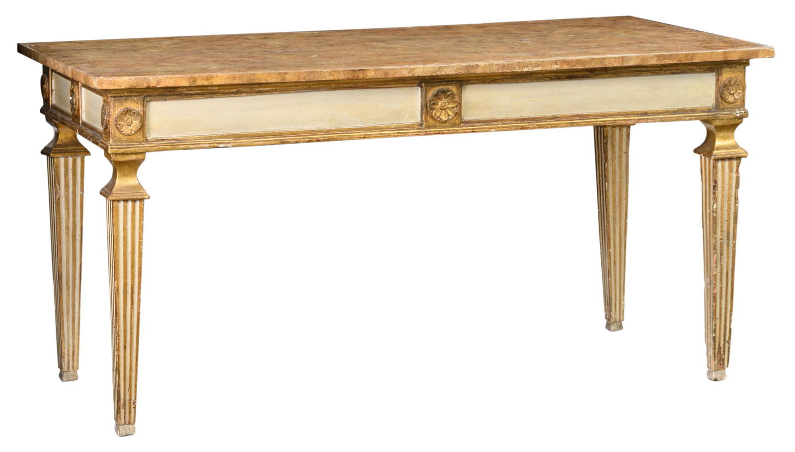 A patinated and gilt wooden neoclassical center table, (1 of 7)
