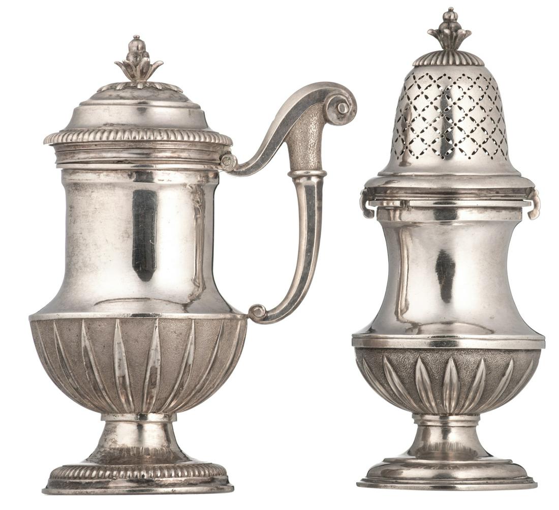 An 18thC silver set of a pepper caster and a mustard (1 of 10)