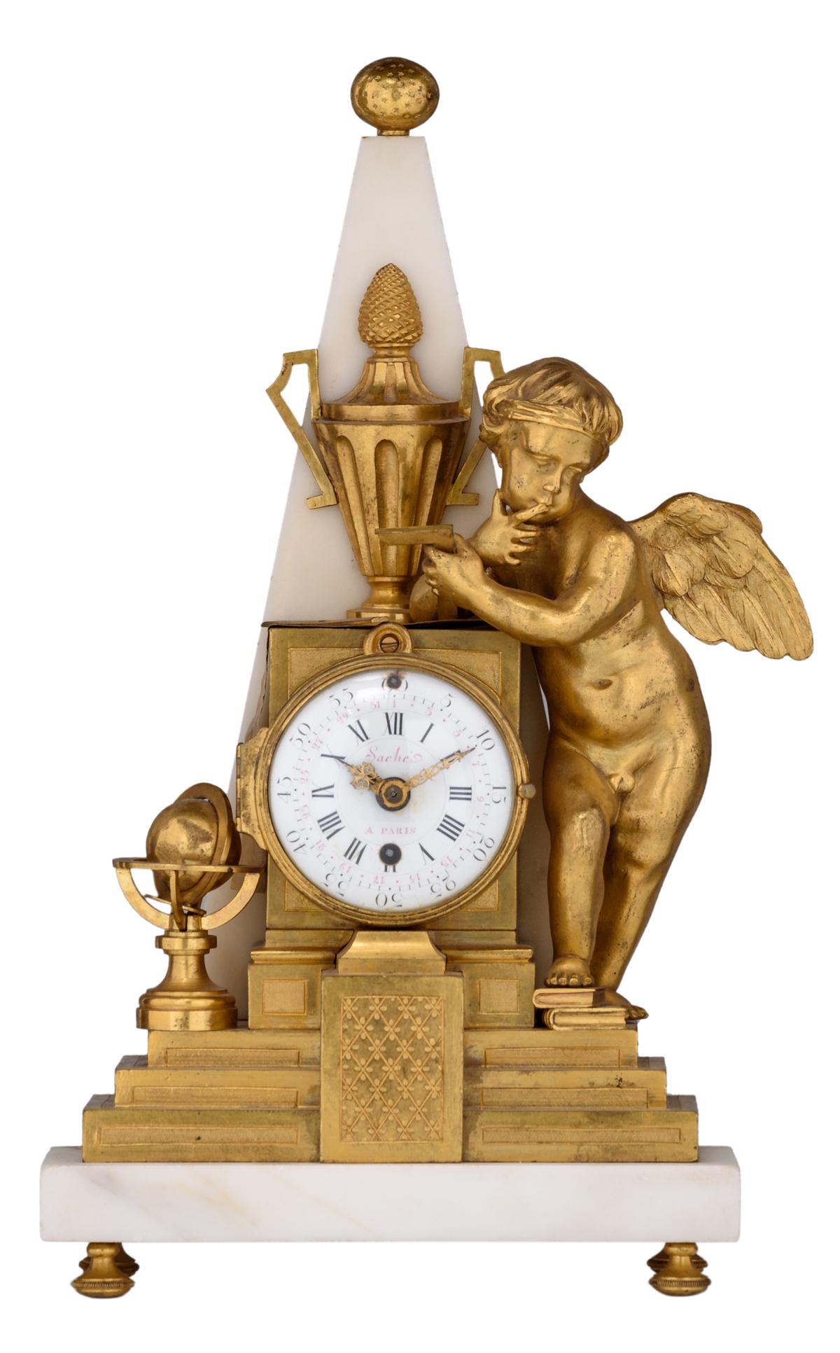 A French obelisk-shaped mantle clock, with an allegory (1 of 5)