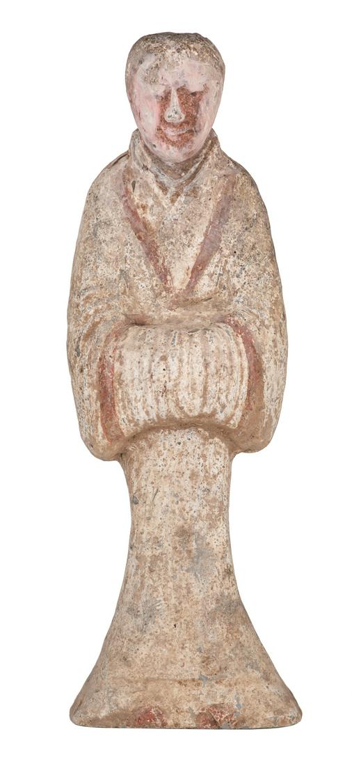 A rare large cold painted grey pottery female figure, (1 of 6)