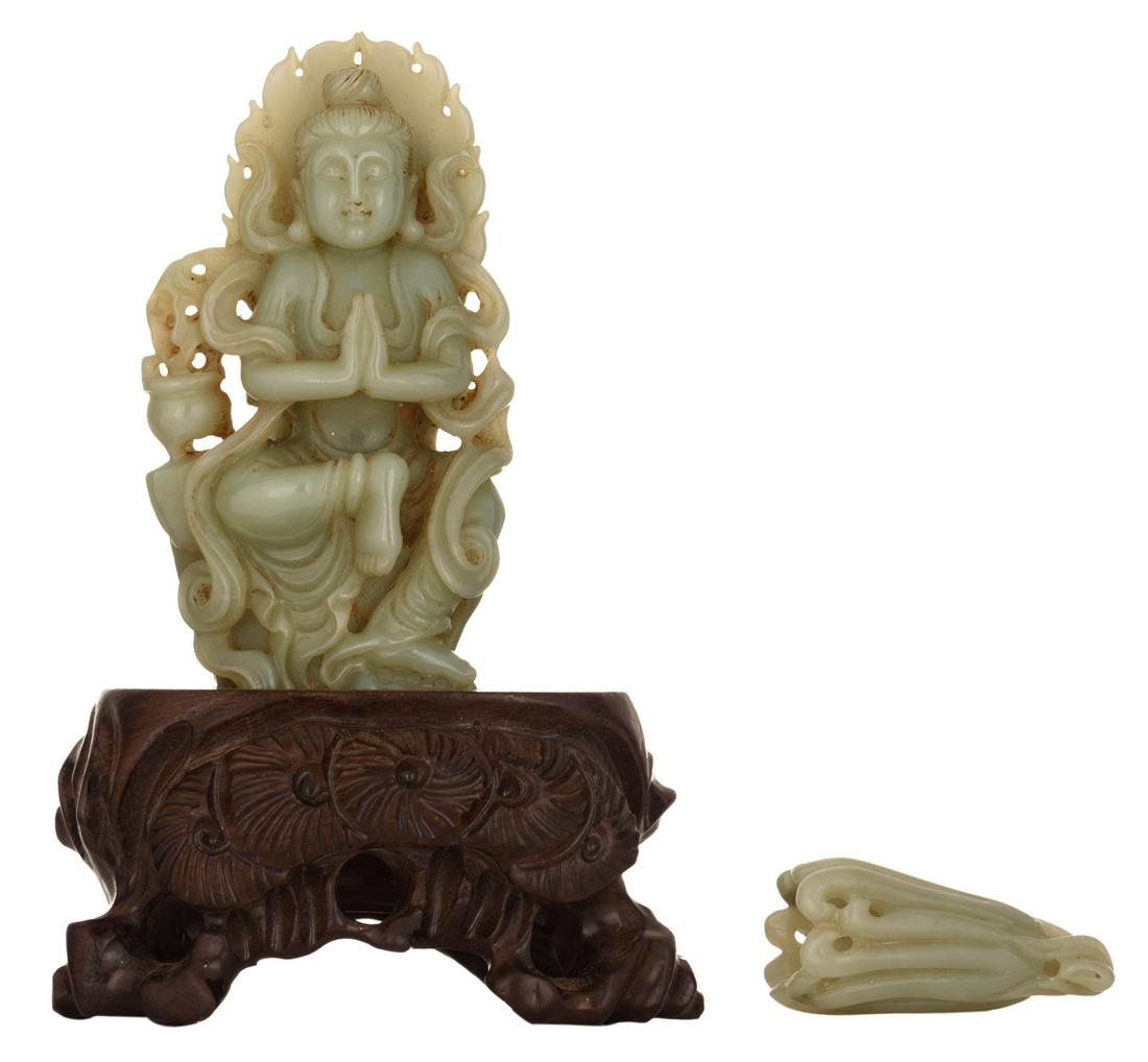 An Oriental jade carved meditating figure in tree pose, (1 of 5)