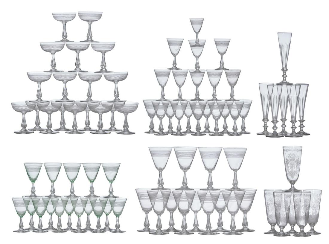 A various collection of crystal cut glass and incised: A various collection of crystal cut glass and incised champagne and wine glasses, 79 pieces in total, the champagne glasses Napoleon III, 19th/20thC, H 11 - 19 cm
