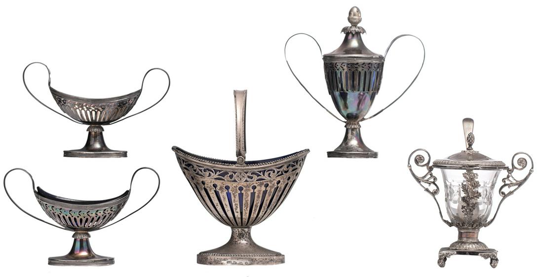A collection of Neoclassical silver tableware: a: A collection of Neoclassical silver tableware: a mustard and its matching spoon; added: an extra mustard, two salts with blue glass liners and one with a crystal liner, total weight: about 663g, H 9 -