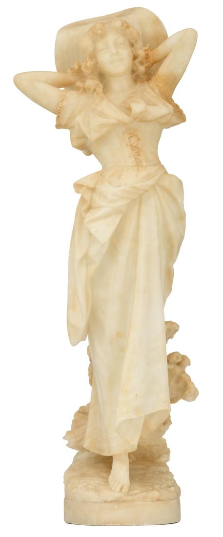 No visible signature, a beauty standing in a garden: No visible signature, a beauty standing in a garden setting, alabaster, H 90 cm