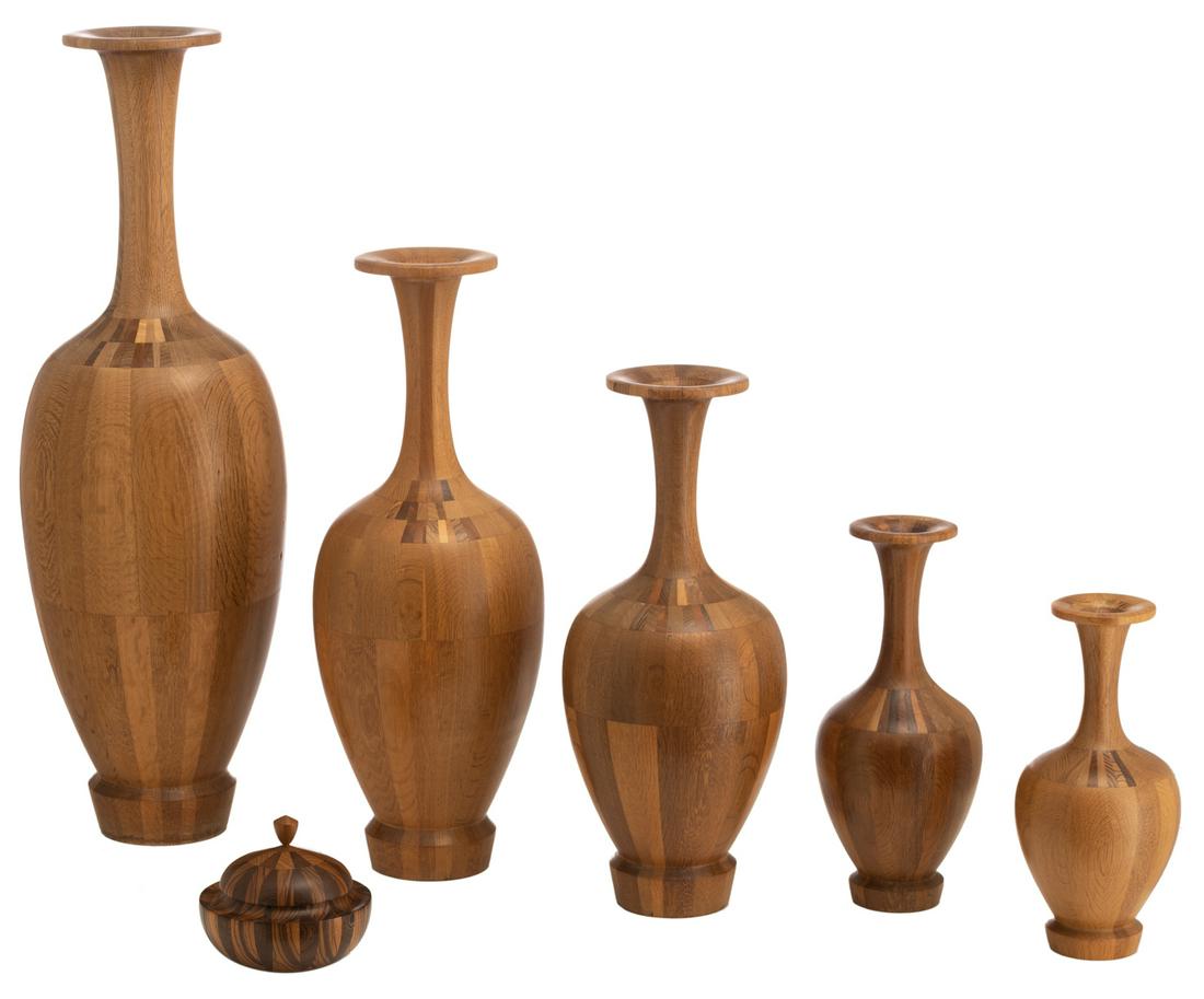 A collection of Art Deco timber vases, attributed to De: A collection of Art Deco timber vases, attributed to De Coene Freres, Belgium, 1930s; added a matching covered bowl, H 39 - 96,5 (vases) / H 17 - Ã¸ 19 cm