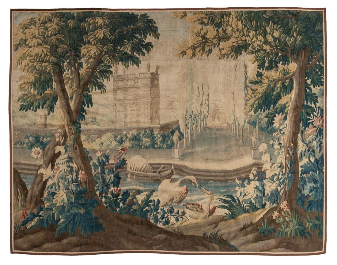 A large verdure wall tapestry, decorated with flamingos (1 of 8)