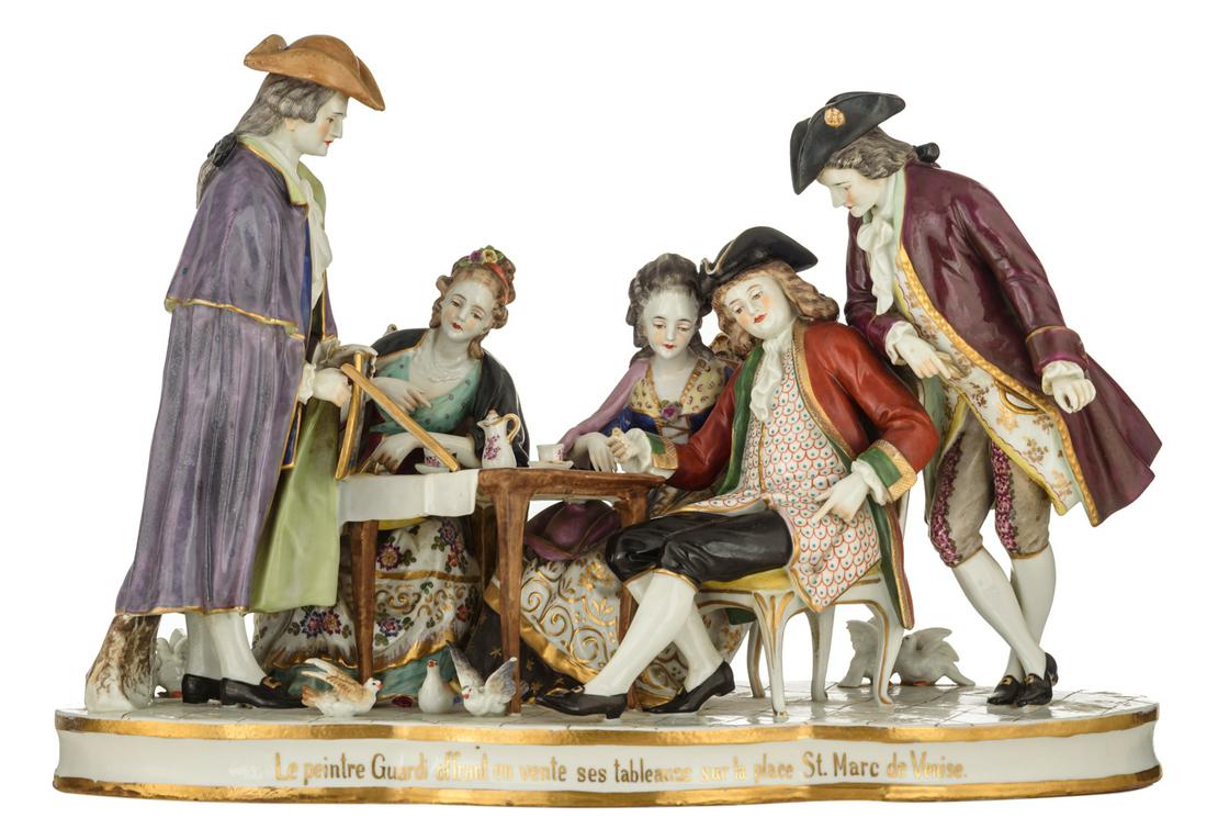 A large polychrome painted Saxony porcelain group, (1 of 6)