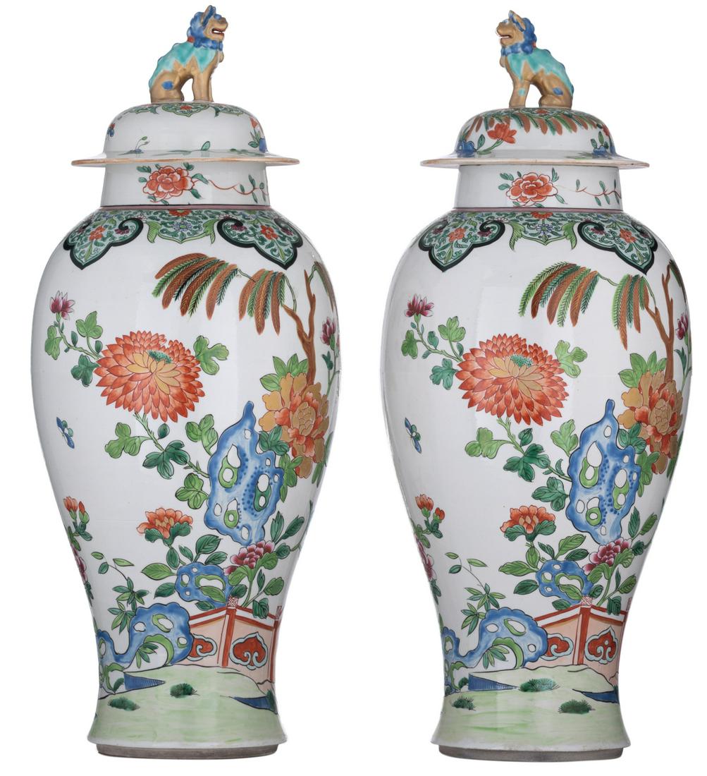 A pair of polychrome decorated Samson covered vases, (1 of 6)