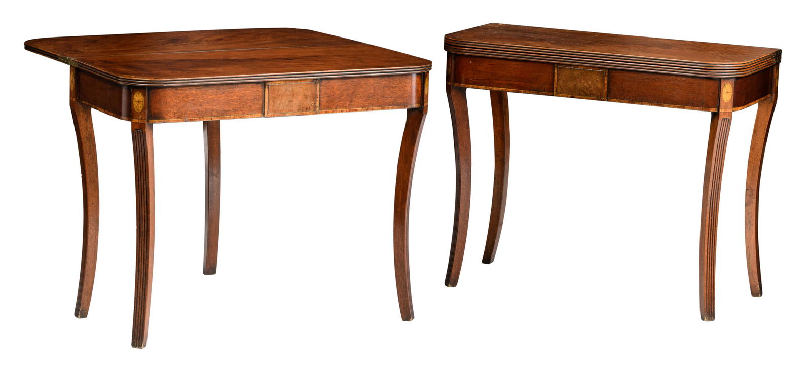 A pair of mahogany Regency style fold over tea tables: A pair of mahogany Regency style fold over tea tables, decorated with marquetry of rosettes, H 73 - W 44 - 88 cm