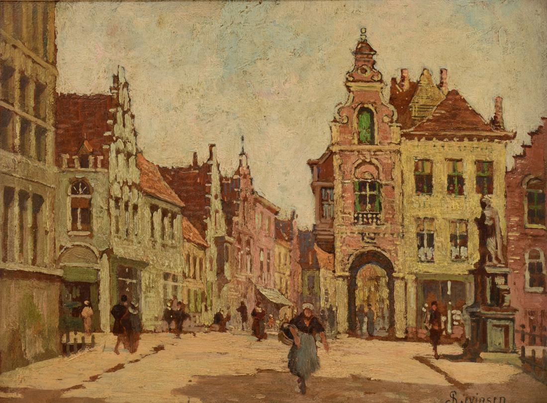 Lievinsen S., a view on the 'Nepomucenusbrug' in: Lievinsen S., a view on the 'Nepomucenusbrug' in Bruges, oil on board, in an imposing Baroque style frame, 26,5 x 35 cm