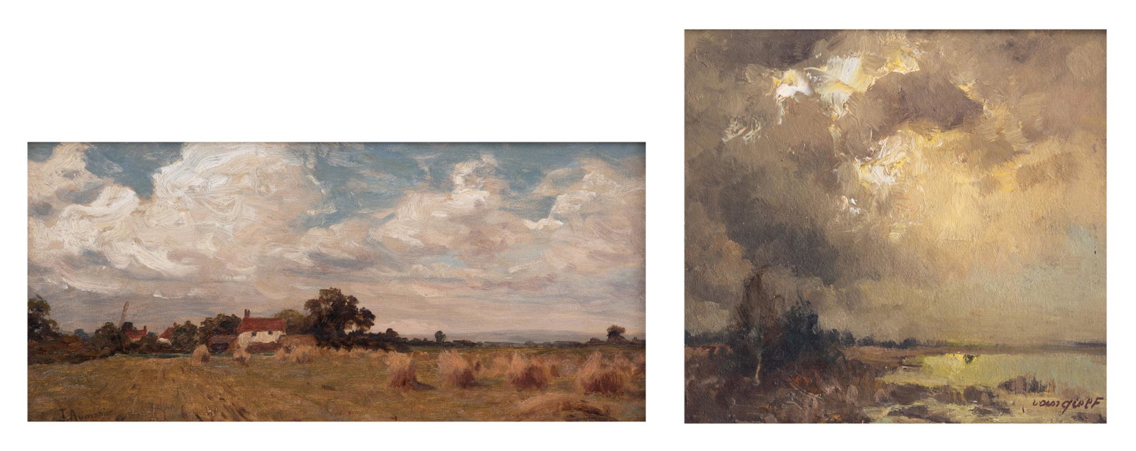 Aumonier J., haystacks on a cloudy day, oil on canvas,: Aumonier J., haystacks on a cloudy day, oil on canvas, 43 x 21 cm; added: Vangiel F., before the storm, oil on board, 30 x 28 cm