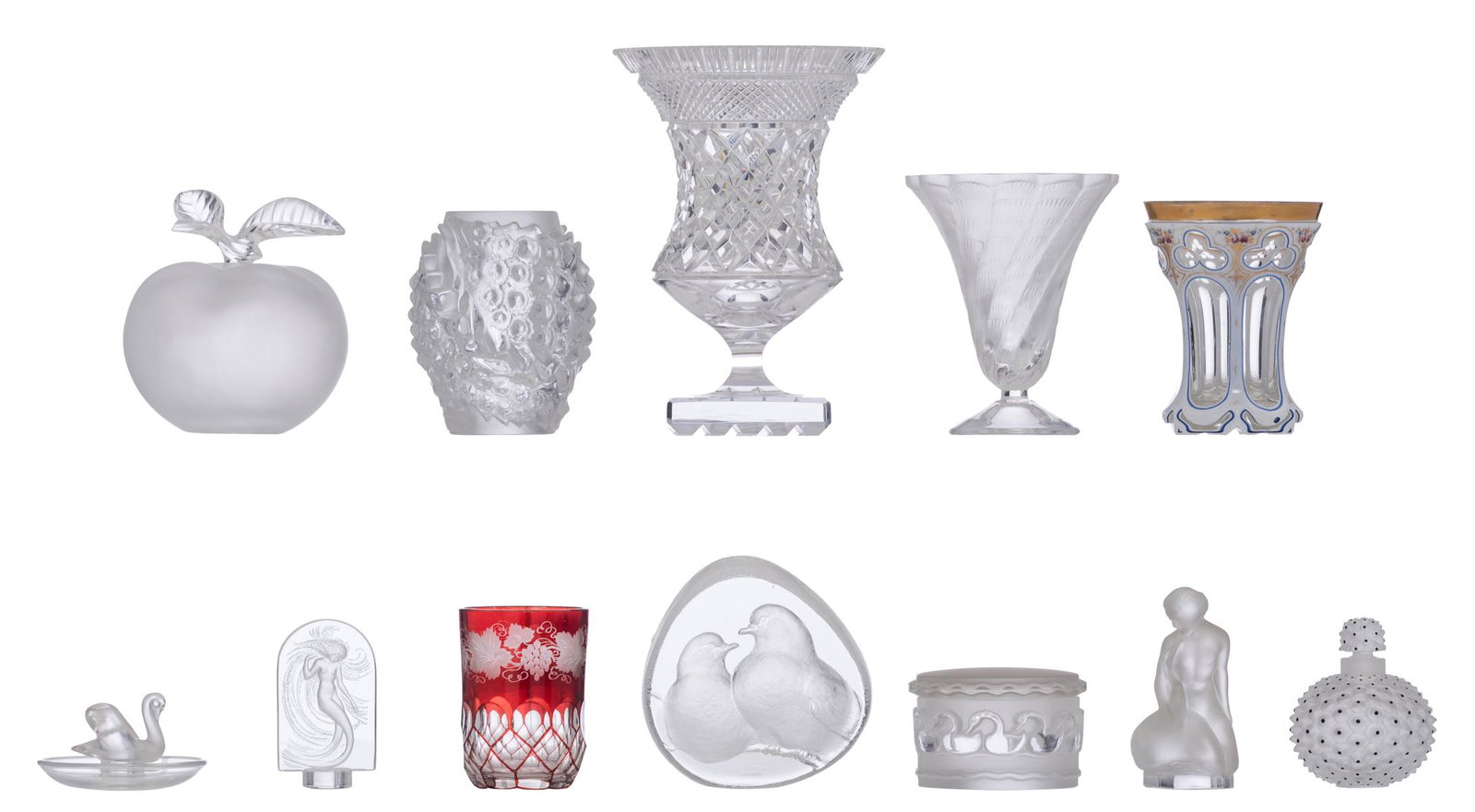 A collection of Lalique glassware, consisting of a: A collection of Lalique glassware, consisting of a 'Cactus' flask, a 'NaraÃ¯de' sculpture, 'Leda and the Swan', a fish relief vase, a frosted glass apple, a coupe in frosted glass with a wavy rim, a