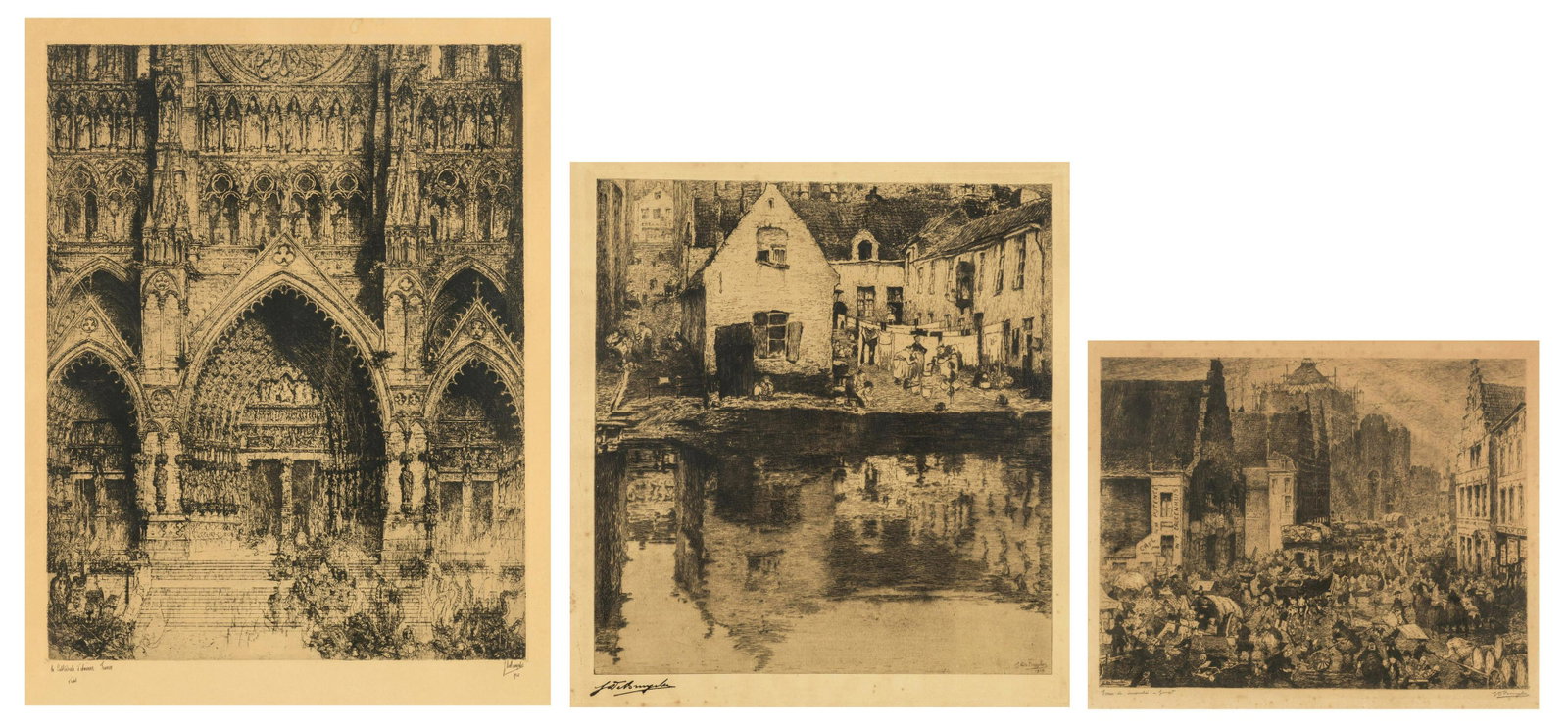 A collection of three signed etching by Jules De: A collection of three signed etching by Jules De Bruycker, consisting of: 'Le Cathedrale d'Amiens, France', dated 1932, first estate, 46,7 x 60,4 cm, 'Cour de marche - Gand', dated 1906, 33,5 x 42,4 c