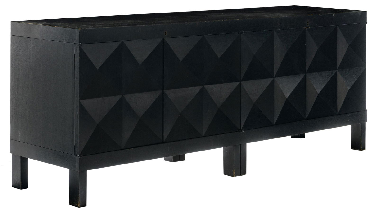 A '70s design black painted oak De Coene 'Brutalist': A '70s design black painted oak De Coene 'Brutalist' sideboard, with four diamond door panels, H 80 - W 200 - D 53 cm