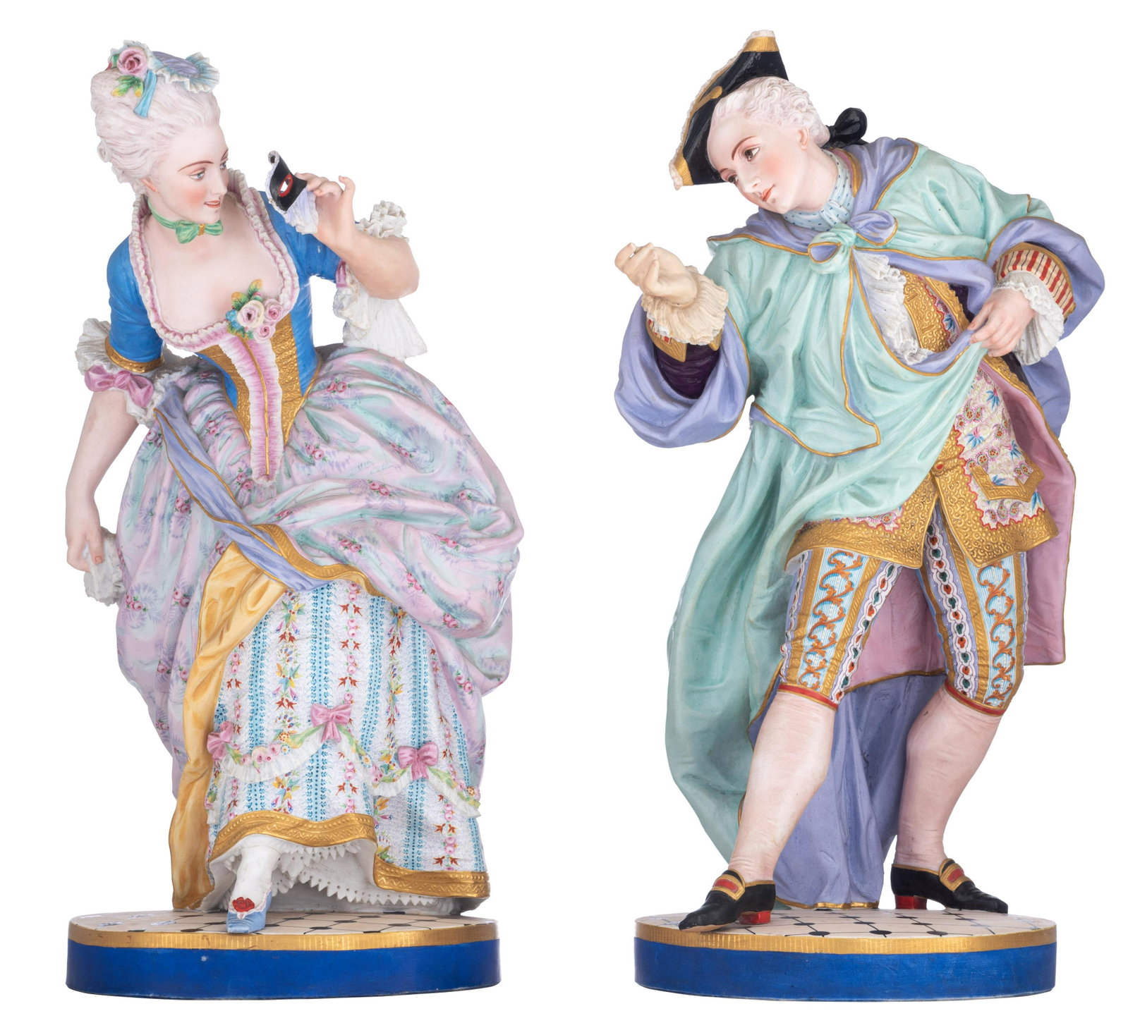 A large pair of French polychrome and gilt painted: A large pair of French polychrome and gilt painted biscuit figurines of two lovers on a Venetian masquerade ball, marked 'Gille Jeune' (Jean Gille), 19thC, H 58,5 - 60 cm