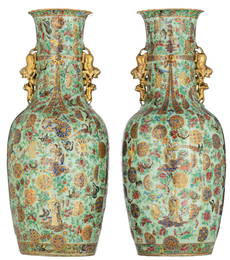 A pair of Chinese Canton famille rose on celadon ground