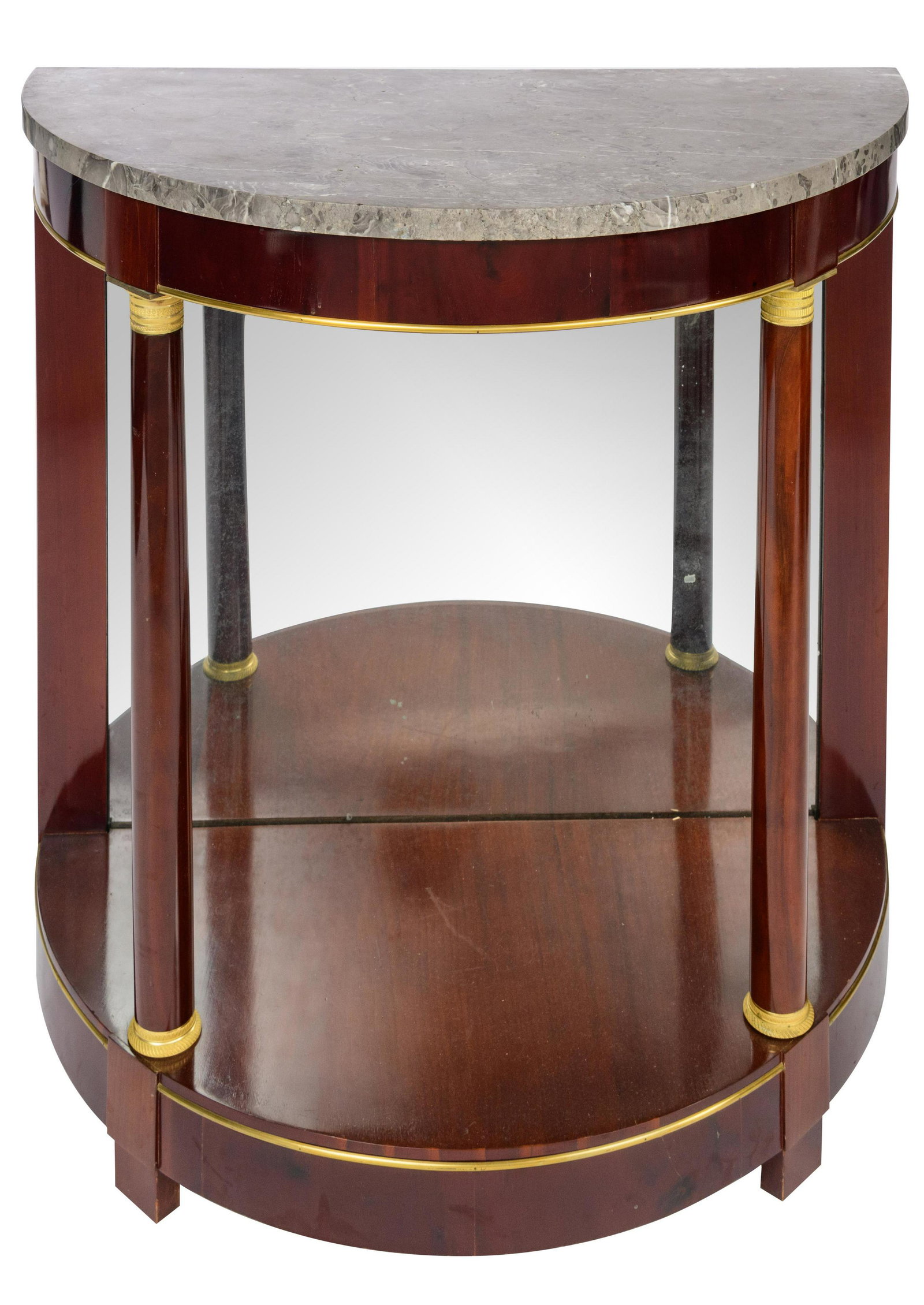 A fine mahogany veneered Empire demi-lune console: A fine mahogany veneered Empire demi-lune console table, with gilt brass mounts and a mirror back, on top a gris Ste Anne marble top, early 19thC, H 87,5 - W 90 - D 46 cm