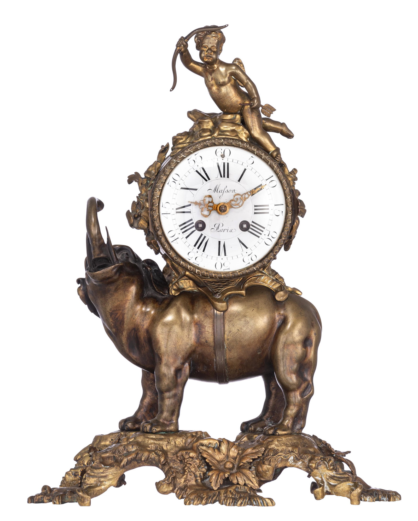A patinated bronze mantle clock, with an elephant: A patinated bronze mantle clock, with an elephant carrying the clock on his back with on top a cupid, the dial marked 'Masson, Paris' and the inside mechanism marked 'Japy freres', H 41 cm - W 32 cm