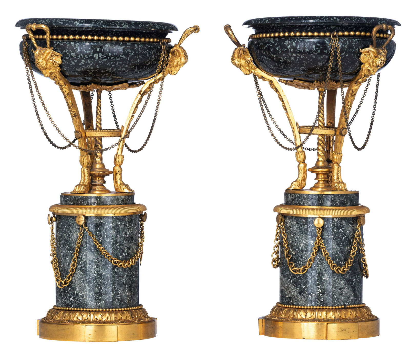 A fine pair of Hasan green granite Napoleon III vases,: A fine pair of Hasan green granite Napoleon III vases, decorated with gilt bronze mounts of vines and acanthus leaves, and footed on three goat monopodia, the second half of the 19thC, H 37 cm
