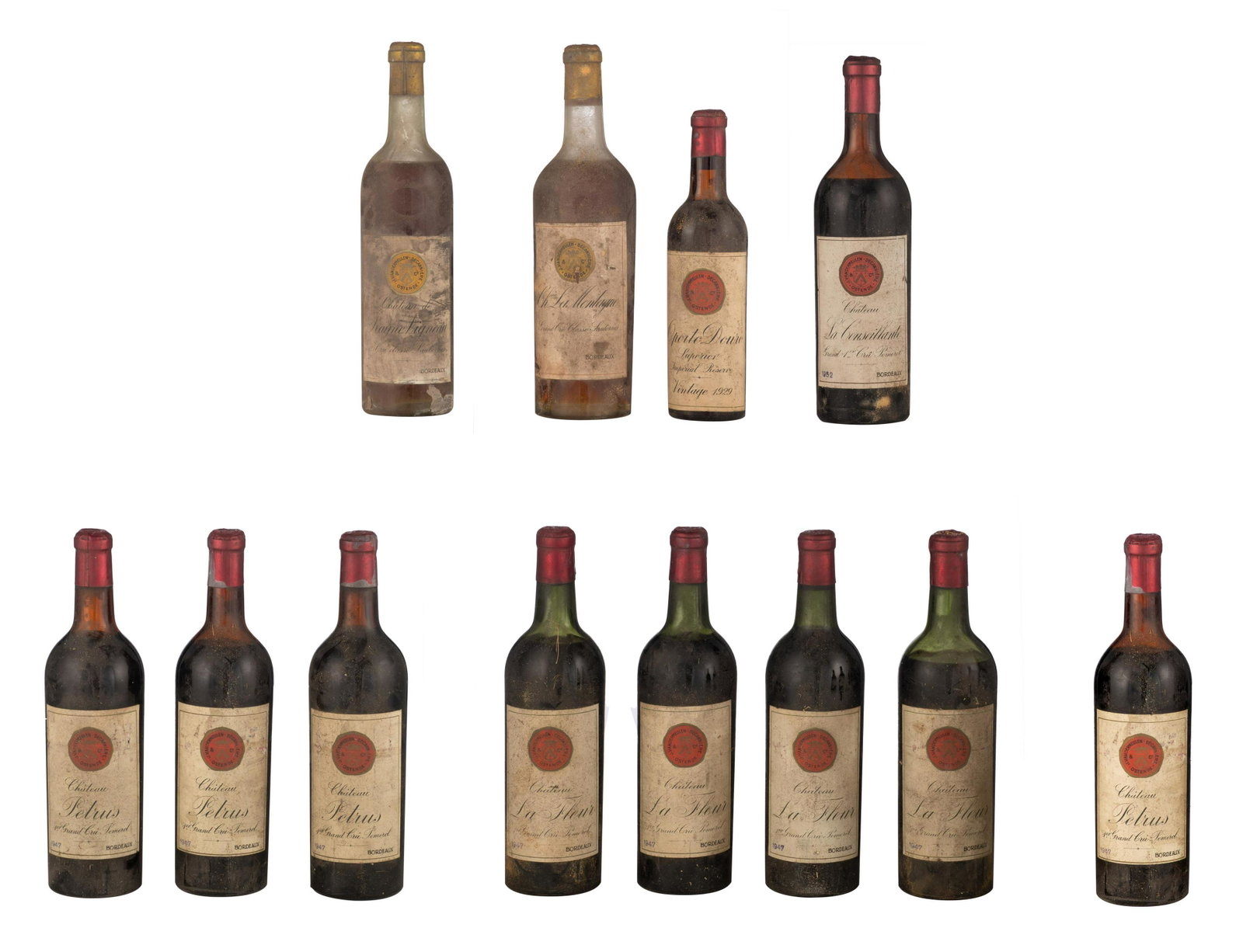 A series of J. Vandermeulen - Decanniere (Ostend -: A series of J. Vandermeulen - Decanniere (Ostend - Belgium) bottled wines (standard size): 3 bottles Chateau Petrus 1947, 1er Grand Cru Pomerol, 11 Bottles Chateau de Rayne Vigneau 1918 and 1926, Bord