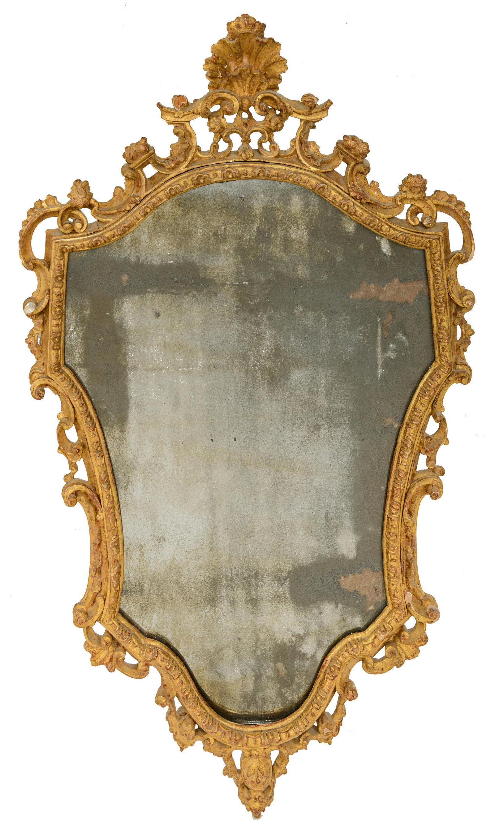 A gilt and finely carved Baroque Venetian wall mirror,: A gilt and finely carved Baroque Venetian wall mirror, decorated with shells and volutes, 18thC, H 113 - W 65 cm
