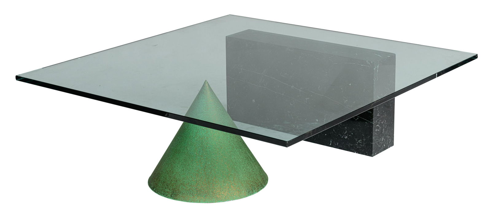 A 'Kono' coffee table, by Massimo & Lella Vignelli for: An '80s design 'Kono' coffee table, by Massimo & Lella Vignelli for Casigliani, a glass table top on a granite marble and a verdigris copper cone, H 37 - W 119,5 - D 118,5 cm