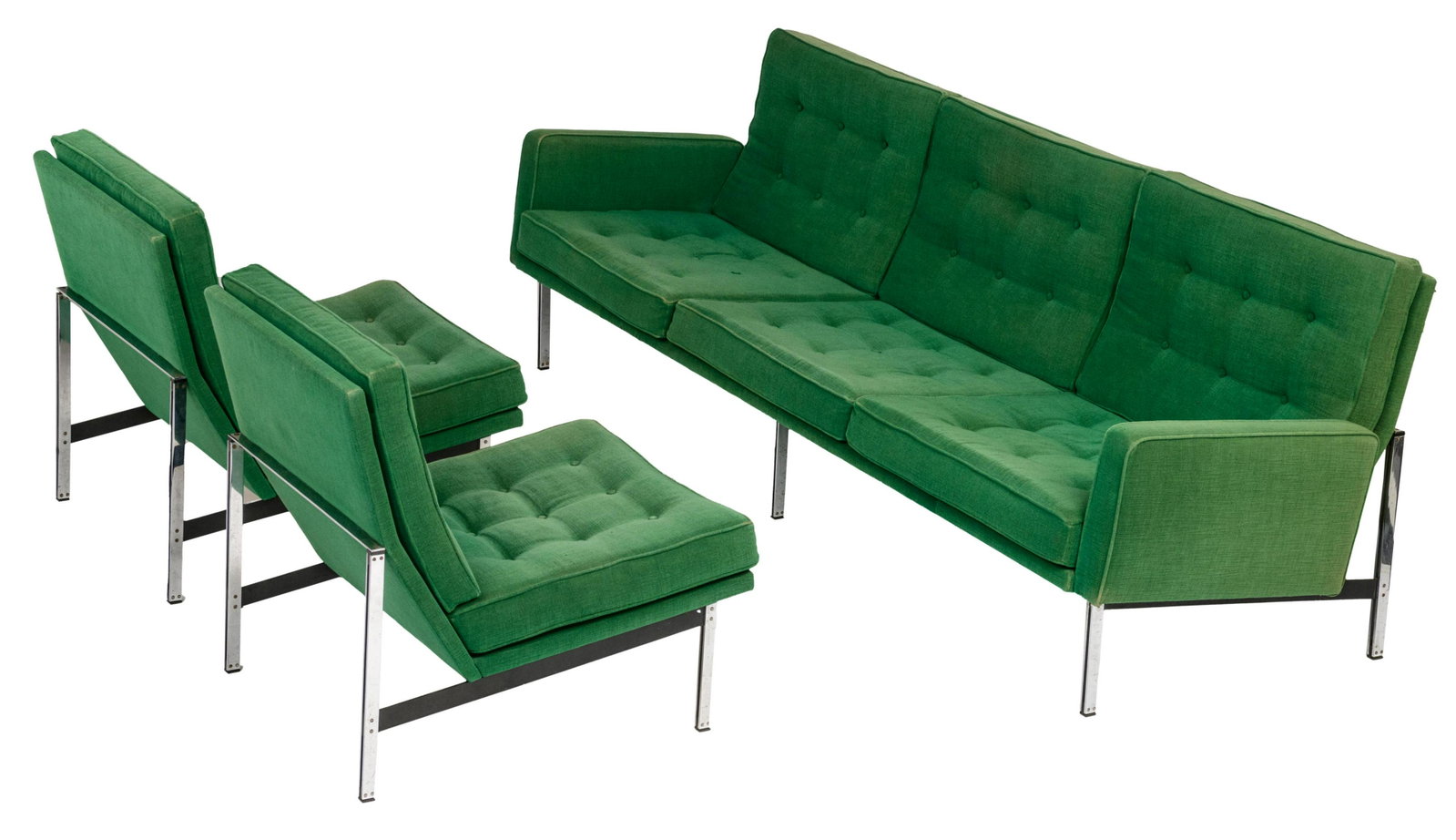 A '50s Knoll furniture set of a sofa and two matching: A '50s design furniture set of a sofa and two matching armchairs, by Florence Knoll, green upholstery on a chromed aluminium frame, H 78 - 79,5 - W 61 - 230 - 74 - 78 cm